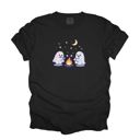  Faux (Printed, not real fabric / iridescence)   Irredescant Cute Spooky Halloween Ghosts Making Smores Around A Campfire - T-Shirt (Crewneck)  100 Cotton Heavyweight Tee (Unisex)  Comfort Colors