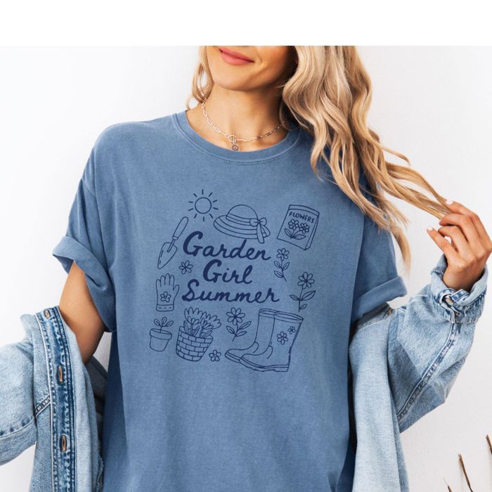 Garden Girl Summer Doodles - T-Shirt (Crewneck)  100 Cotton Heavyweight Tee (Unisex)  Comfort Colors