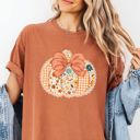  Floral Doily Autumn Fall Halloween Faux Quilted Pumpkin (Printed, not real quilted fabric or embroidery) - T-Shirt (Crewneck)  100 Cotton Heavyweight Tee (Unisex)  Comfort Colors