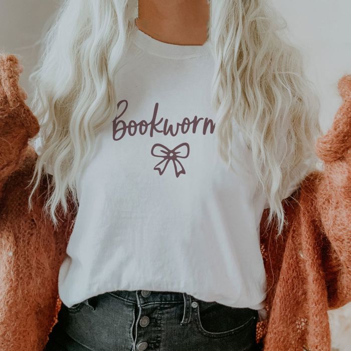 Bookworm With Bow Whimsical Style - T-Shirt (Crewneck)  100 Cotton Heavyweight Tee (Unisex)  Comfort Colors