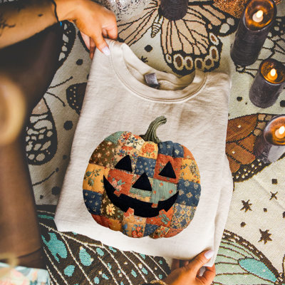 Faux Patchwork Vintage Style Jack-O-Lantern Pumpkin  - Comfy Drop Shoulder Sweatshirt (Crewneck)