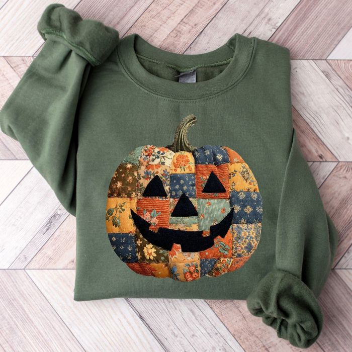 Faux Patchwork Vintage Style Jack-O-Lantern Pumpkin  - Comfy Drop Shoulder Sweatshirt (Crewneck)