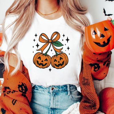 Adorable Halloween Pumpkin Cherries With Jack-OLantern Face - T-Shirt (Crewneck)  100 Cotton Solid Colors Jersey Tee (Unisex)  Bella Canvas, T-Shirt (Crewne