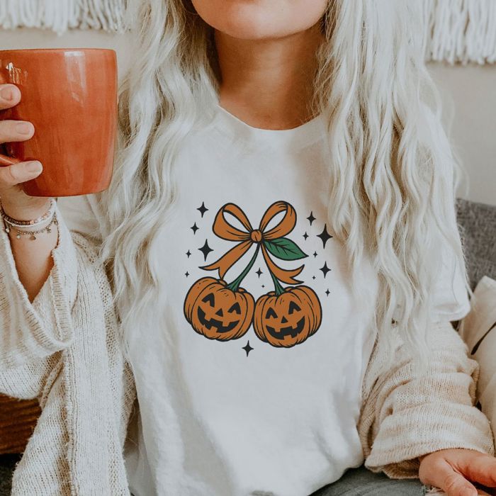 Adorable Halloween Pumpkin Cherries With Jack-OLantern Face - T-Shirt (Crewneck)  100 Cotton Solid Colors Jersey Tee (Unisex)  Bella Canvas, T-Shirt (Crewne