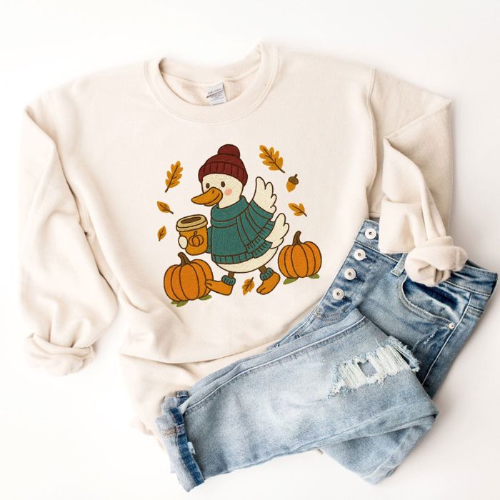 Faux (Printed, not real embroidery)    Embroidery Goose Latte Autumn Fall Walk - Sweatshirt (Crewneck)  Drop Shoulder Sweater