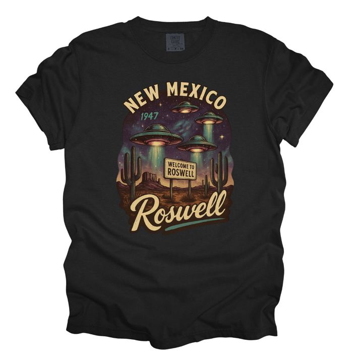 Welcome To Roswell New Mexico Alien Night Scene - T-Shirt (Crewneck)  100 Cotton Heavyweight Tee (Unisex)  Comfort Colors