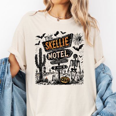 The Spooky Skellie Hotel Skeleton Halloween Fall Design - T-Shirt (Crewneck)  100 Cotton Heavyweight Tee (Unisex)  Comfort Colors