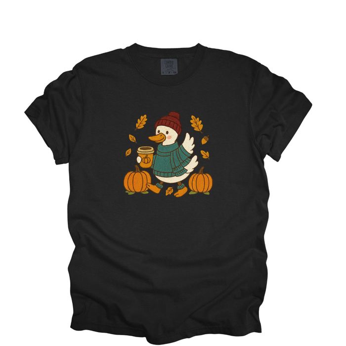 Fall Autumn Goose Latte Walk Faux (Printed, not real embroidery) Embroidery Design - T-Shirt (Crewneck)  100 Cotton Heavyweight Tee (Unisex)  Comfort Colors