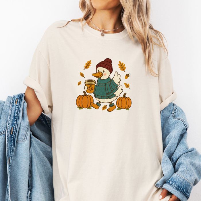 Fall Autumn Goose Latte Walk Faux (Printed, not real embroidery) Embroidery Design - T-Shirt (Crewneck)  100 Cotton Heavyweight Tee (Unisex)  Comfort Colors