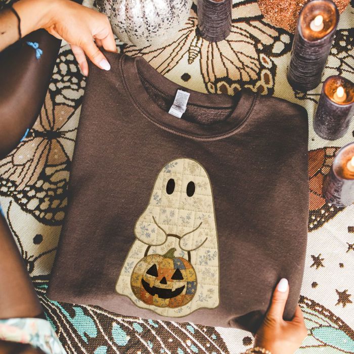 Spooky Faux Patchwork Ghostie Perfect Halloween Fall Design -  Drop Shoulder Sweater