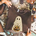  Spooky Faux Patchwork Ghostie Perfect Halloween Fall Design -  Drop Shoulder Sweater