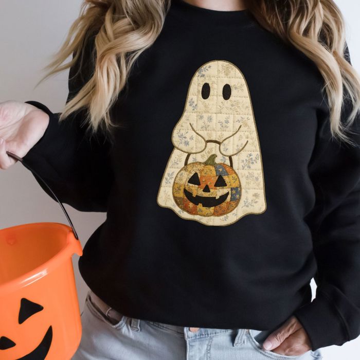 Spooky Faux Patchwork Ghostie Perfect Halloween Fall Design -  Drop Shoulder Sweater