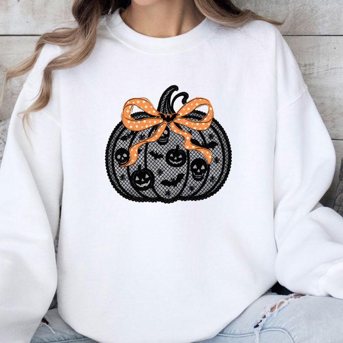 Faux (Printed, not real lace)   Black Lace Pumpkin With Bow For Halloween and Fall - Sweatshirt (Crewneck)  Poly-Cotton Colors (Unisex)  Gildan