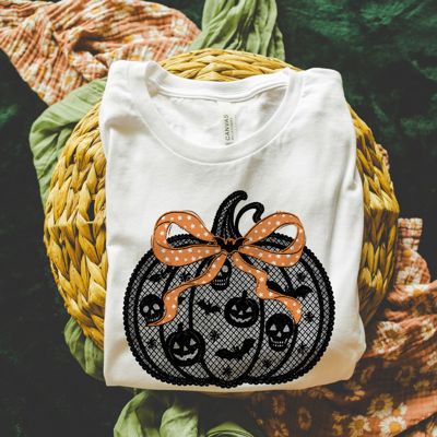 Faux (Printed, not real lace)   Black Lace Halloween Style Pumpkin Perfect For Fall - T-Shirt (Crewneck)  100 Cotton Solid Colors Jersey Tee (Unisex)  Bella Canvas, T-Shirt (Crewneck)