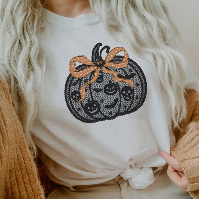 Faux (Printed, not real lace)   Black Lace Halloween Style Pumpkin Perfect For Fall - T-Shirt (Crewneck)  100 Cotton Solid Colors Jersey Tee (Unisex)  Bella Canvas, T-Shirt (Crewneck)