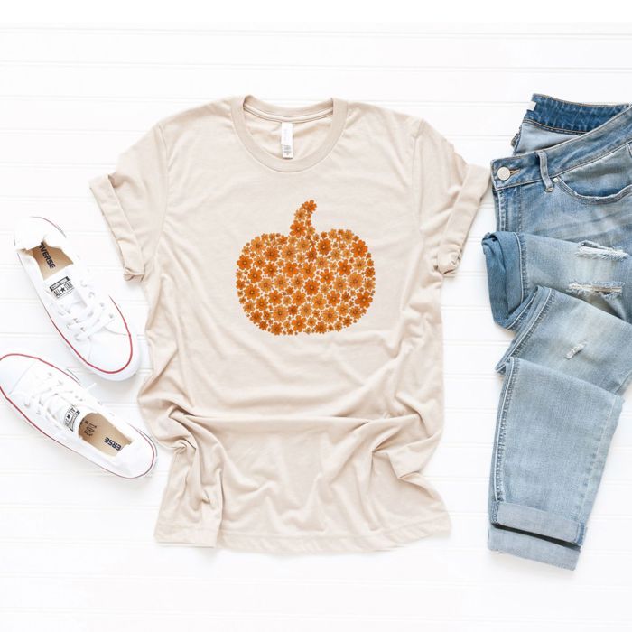 Ditzy Floral Orange Fall Pumpkin - Super Soft and Cozy Bella Canvas, T-Shirt (Crewneck) 