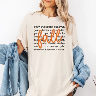 Faux (Printed, not real sparkles or fabric)  Sparkly Fall With Autumn Words in Background - T-Shirt (Crewneck)  100 Cotton Heavyweight Tee (Unisex)  Comfort Colors