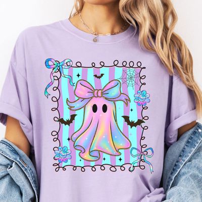 Faux (Printed, not real fabric)    Iridescent Bow Ghost With Square - Halloween Cutie  - T-Shirt (Crewneck)  100 Cotton Heavyweight Tee (Unisex)  Comfort Colors