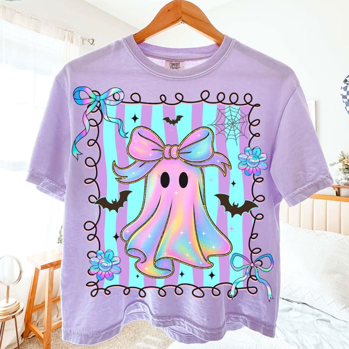 Faux (Printed, not real fabric)    Iridescent Bow Ghost With Square - Halloween Cutie  - T-Shirt (Crewneck)  100 Cotton Heavyweight Tee (Unisex)  Comfort Colors