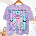  Faux (Printed, not real fabric)    Iridescent Bow Ghost With Square - Halloween Cutie  - T-Shirt (Crewneck)  100 Cotton Heavyweight Tee (Unisex)  Comfort Colors