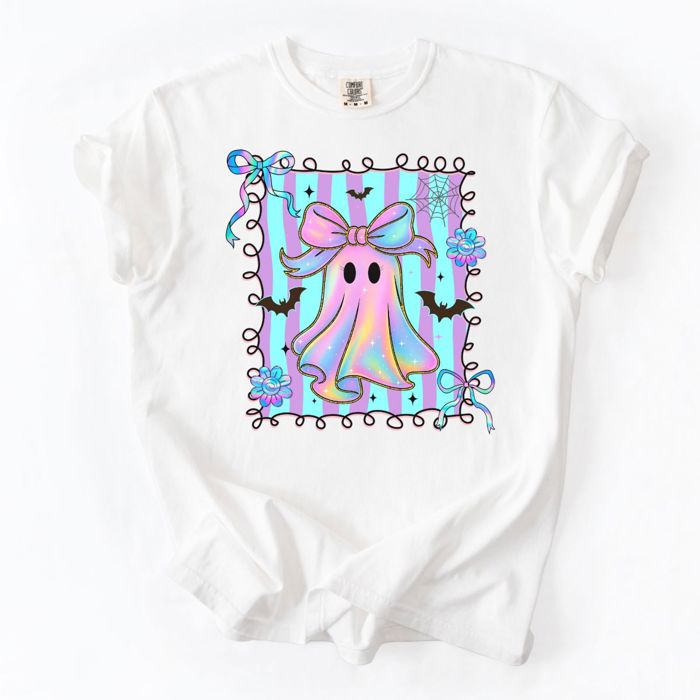 Faux (Printed, not real fabric)    Iridescent Bow Ghost With Square - Halloween Cutie  - T-Shirt (Crewneck)  100 Cotton Heavyweight Tee (Unisex)  Comfort Colors