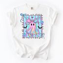  Faux (Printed, not real fabric)    Iridescent Bow Ghost With Square - Halloween Cutie  - T-Shirt (Crewneck)  100 Cotton Heavyweight Tee (Unisex)  Comfort Colors