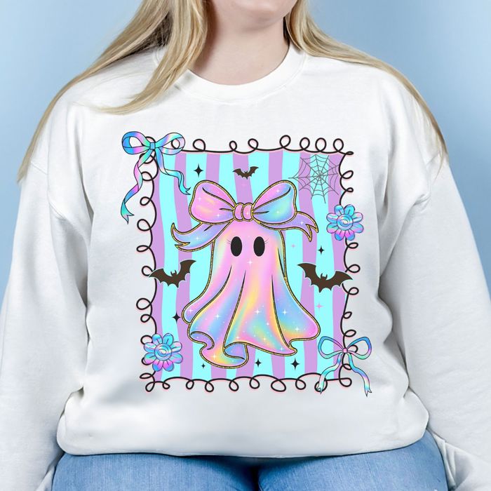 Faux (Printed, not real fabric)   Iridescent Bow Ghost With Square - Halloween Cutie  - Cozy Sweatshirts