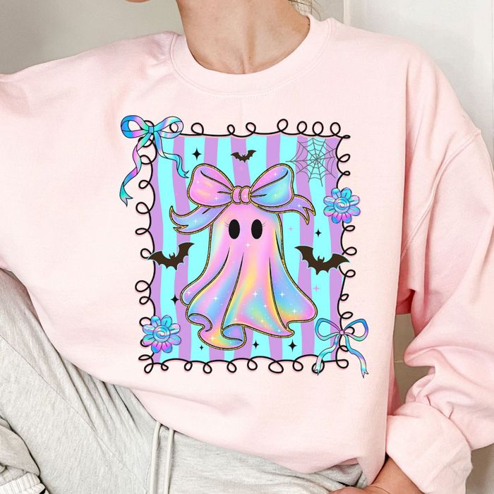 Faux (Printed, not real fabric)   Iridescent Bow Ghost With Square - Halloween Cutie  - Cozy Sweatshirts