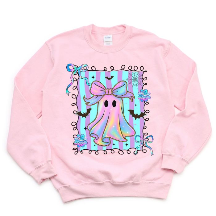 Faux (Printed, not real fabric)   Iridescent Bow Ghost With Square - Halloween Cutie  - Cozy Sweatshirts