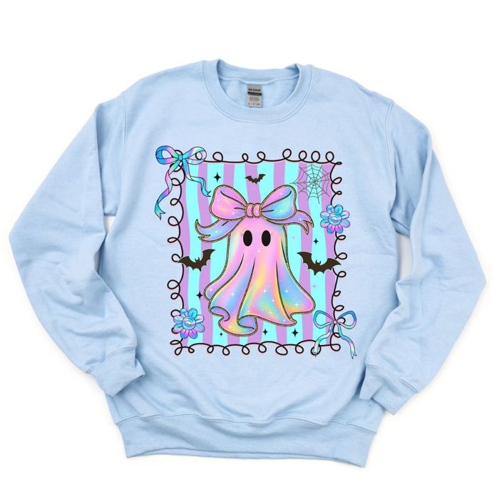 Faux (Printed, not real fabric)   Iridescent Bow Ghost With Square - Halloween Cutie  - Cozy Sweatshirts