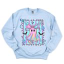  Faux (Printed, not real fabric)   Iridescent Bow Ghost With Square - Halloween Cutie  - Cozy Sweatshirts