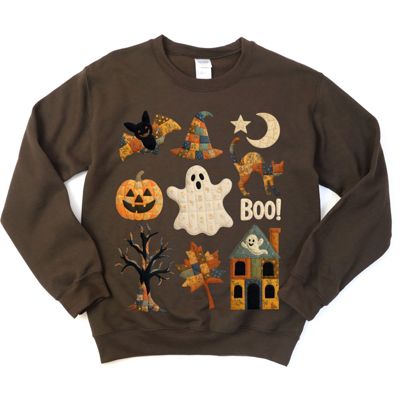 Faux (Printed, not real quilted fabric) Quilted Halloween Elements Fall Autumn Design - Sweatshirt (Crewneck)  Poly-Cotton Colors (Unisex)  Gildan