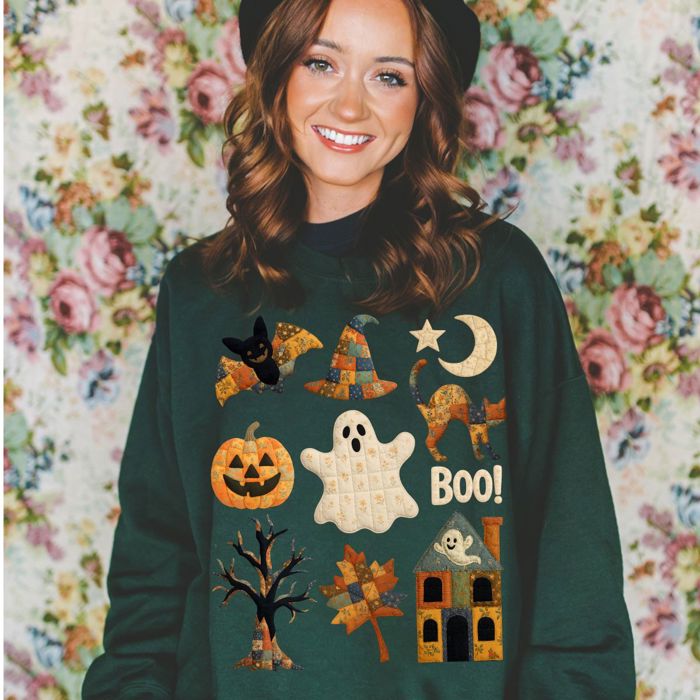 Faux (Printed, not real quilted fabric) Quilted Halloween Elements Fall Autumn Design - Sweatshirt (Crewneck)  Poly-Cotton Colors (Unisex)  Gildan