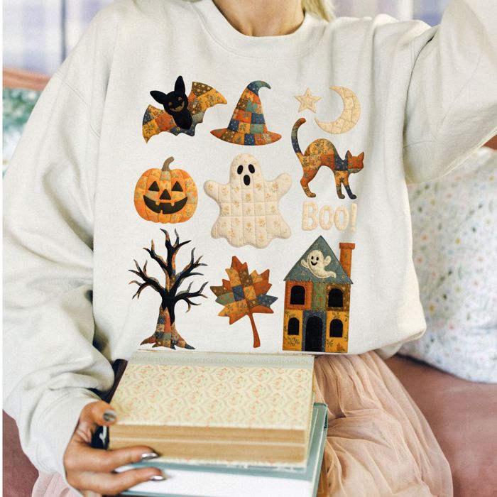 Faux (Printed, not real quilted fabric) Quilted Halloween Elements Fall Autumn Design - Sweatshirt (Crewneck)  Poly-Cotton Colors (Unisex)  Gildan