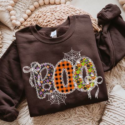 Boo Faux (Printed, not real fabric or lace)  Applique Lace Halloween Fall Design - Sweatshirt (Crewneck)  Poly-Cotton Colors (Unisex)  Gildan