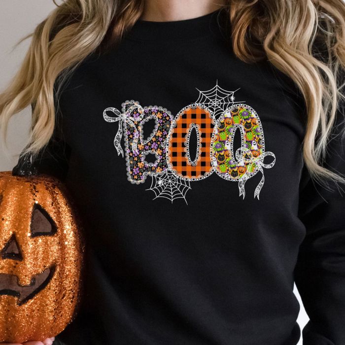 Boo Faux (Printed, not real fabric or lace)  Applique Lace Halloween Fall Design - Sweatshirt (Crewneck)  Poly-Cotton Colors (Unisex)  Gildan