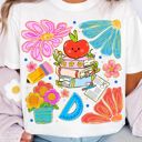  Bright Faux (Printed, not real fabric or sparkles)  Sparkly Teacher Back To School Collage - Super Soft and Comfy Longer Length Bella Canvas Tee