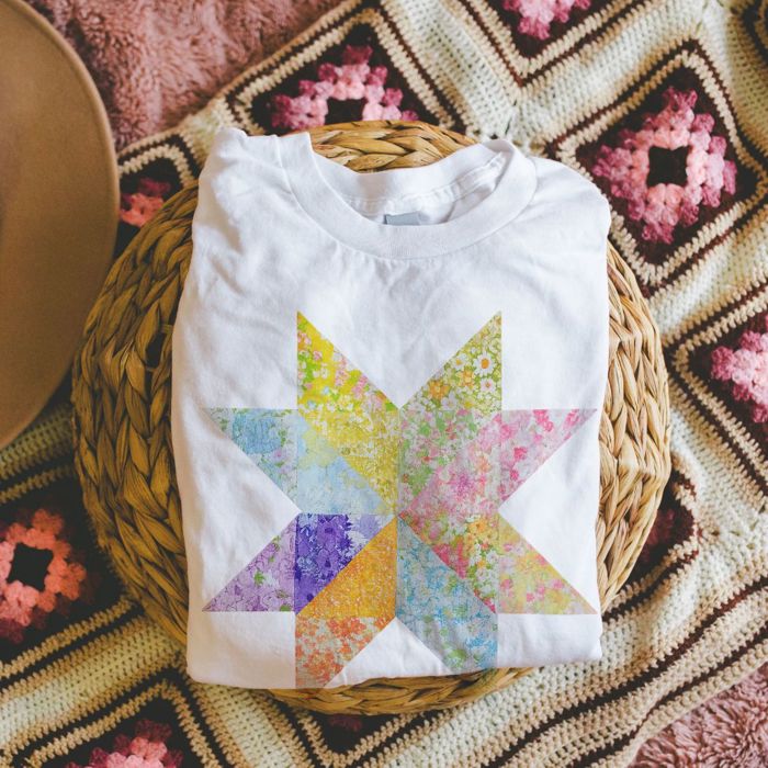 Bright Ditzy Floral Summer Printed Quilted Star Pattern - Soft and Cozy T-Shirt (Crewneck)  Bella Canvas