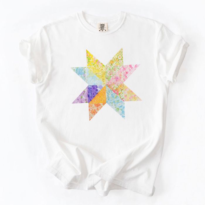 Bright Ditzy Floral Summer Print Quilted Star Pattern - T-Shirt (Crewneck)  100 Cotton Heavyweight Tee (Unisex)  Comfort Colors