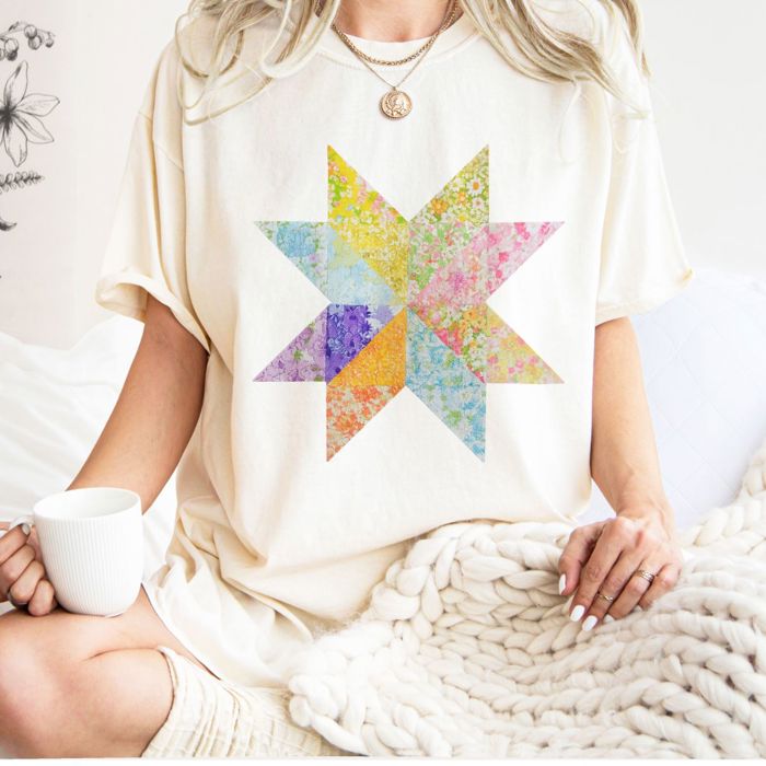 Bright Ditzy Floral Summer Print Quilted Star Pattern - T-Shirt (Crewneck)  100 Cotton Heavyweight Tee (Unisex)  Comfort Colors