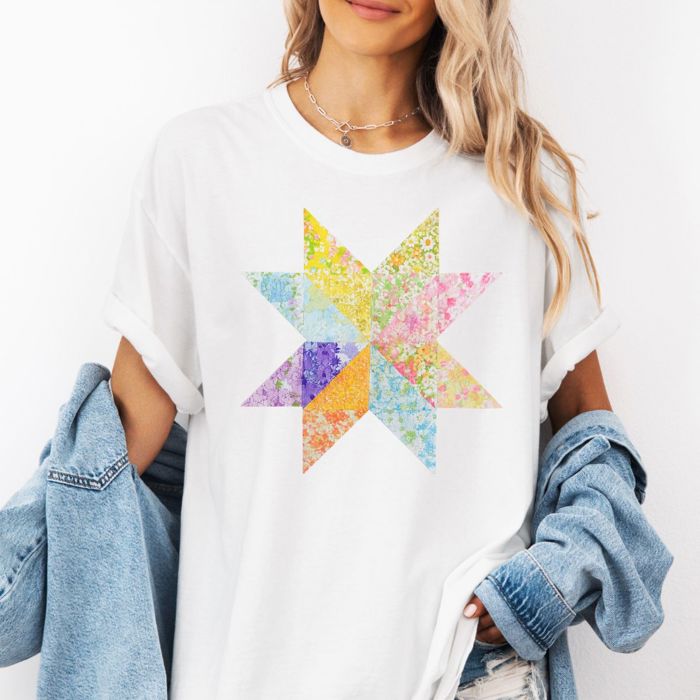 Bright Ditzy Floral Summer Print Quilted Star Pattern - T-Shirt (Crewneck)  100 Cotton Heavyweight Tee (Unisex)  Comfort Colors