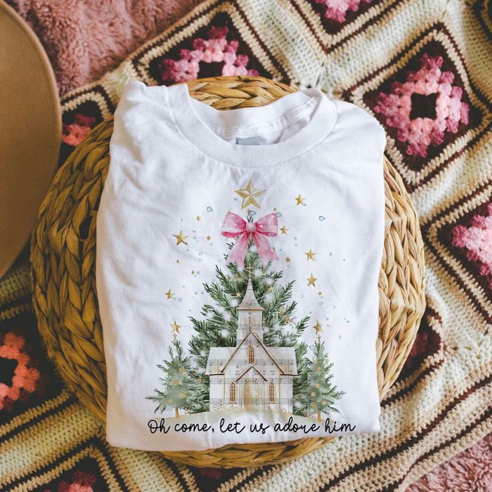 Come Let Us Adore Him Old Town Chapel Bow - Soft Cozy T-Shirt (Crewneck) Bella Canvas