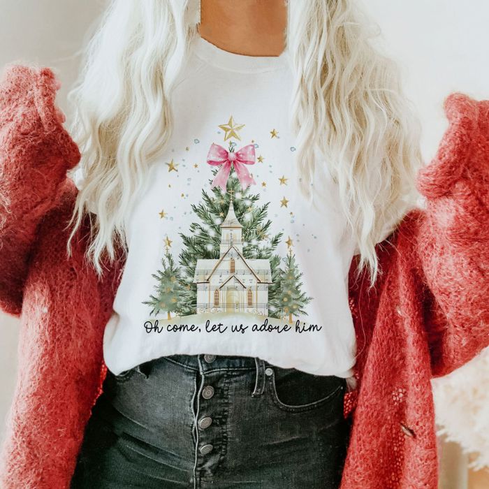 Come Let Us Adore Him Old Town Chapel Bow - Soft Cozy T-Shirt (Crewneck) Bella Canvas