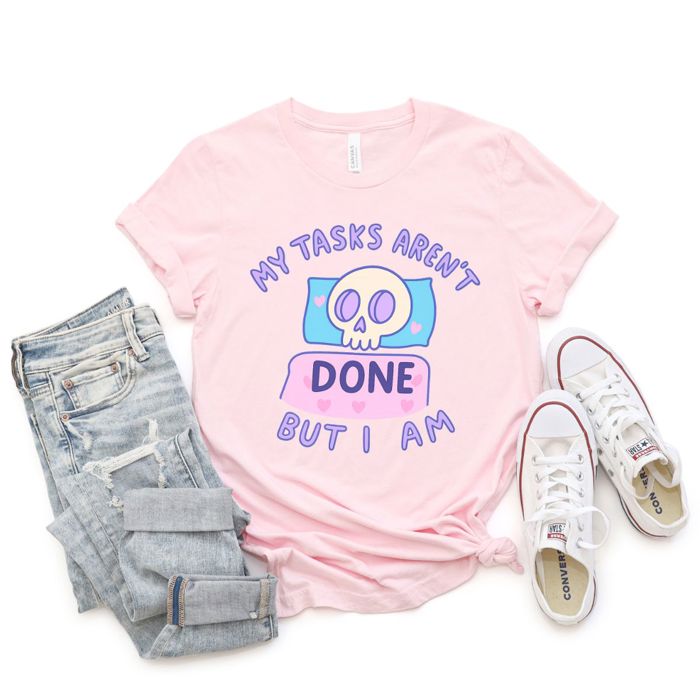 My Tasks Arent Done, But I Am Cute Kawaii Skeleton In Bed - Comfy T-Shirt Bella Canvas