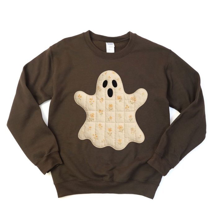 Faux (Printed, not real quilted fabric) Quilted Halloween Ghost - Cozy Drop Shoulder Sweatshirt