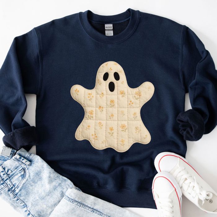 Faux (Printed, not real quilted fabric) Quilted Halloween Ghost - Cozy Drop Shoulder Sweatshirt