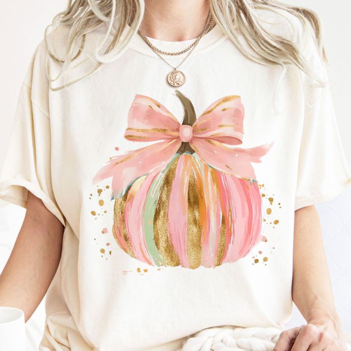 Faux Glitter Bow Fall Pumpkin  - T-Shirt (Crewneck)  Heavyweight Tee (Unisex) Comfort Colors