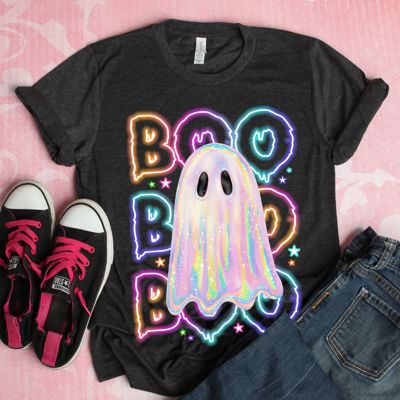 Faux (Printed, not real fabric / iridescence)    Iridescent Neon Glow Boo Ghost Halloween - T-Shirt (Crewneck)  100 Cotton Solid Colors Jersey Tee (Unisex)  Bella Canvas, T-Shirt (Crewneck)  Poly-Cott