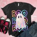  Faux (Printed, not real fabric / iridescence)    Iridescent Neon Glow Boo Ghost Halloween - T-Shirt (Crewneck)  100 Cotton Solid Colors Jersey Tee (Unisex)  Bella Canvas, T-Shirt (Crewneck)  Poly-Cott