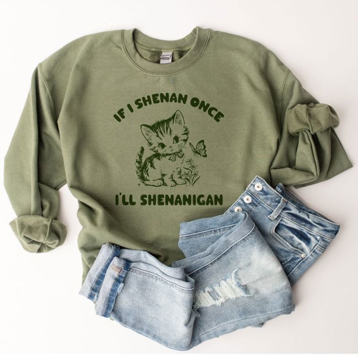 If I Shenan Once, Ill Shenanigan, Vintage Cute Kitten - Soft Cozy Drop Shoulder Sweatshirt